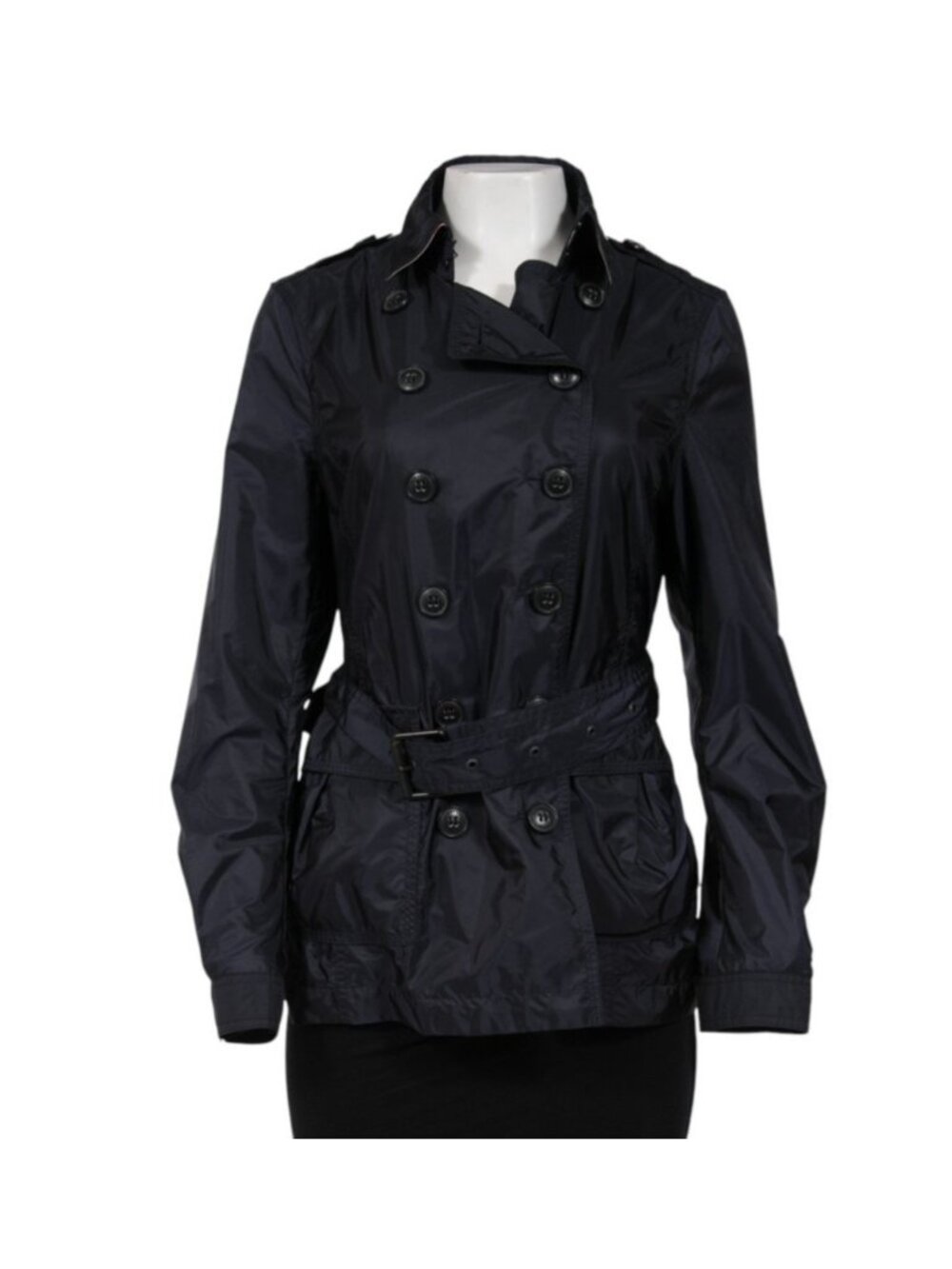 Burberry Brit Womens Double Breasted Nylon Windbreaker Sz US 10 Dark Blue Jacket